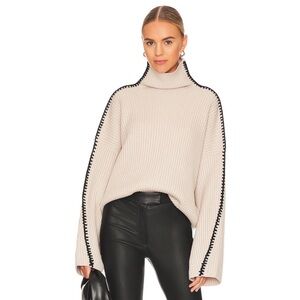 Rag & Bone Ingrid Ribbed Turtleneck Stitch Detail Wool Sweater in Ivory Cream